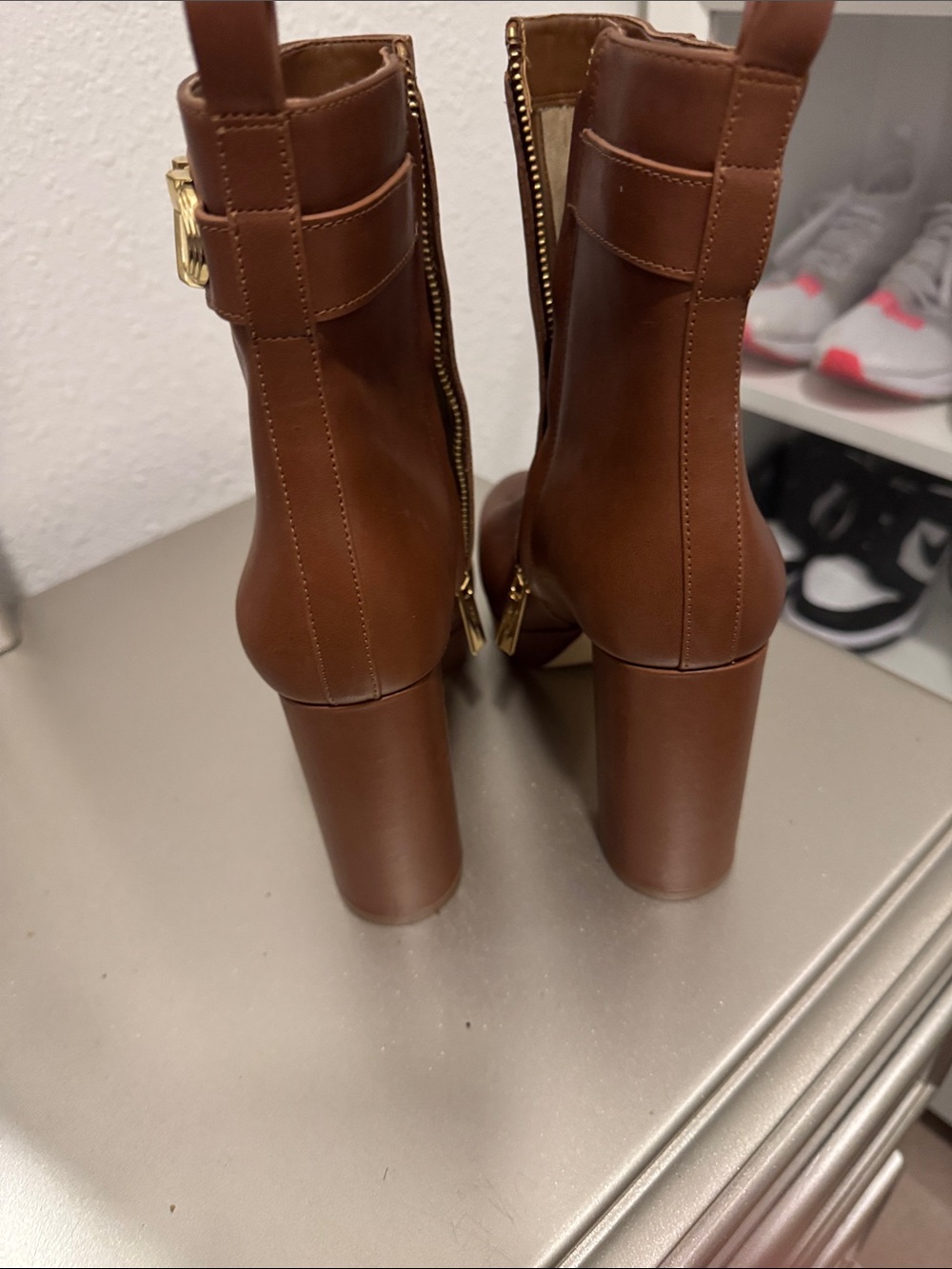 MICHAEL Michael Kors Chestnut Brown Leather Ankle Booties with Gold Accent - Picture 3 of 5